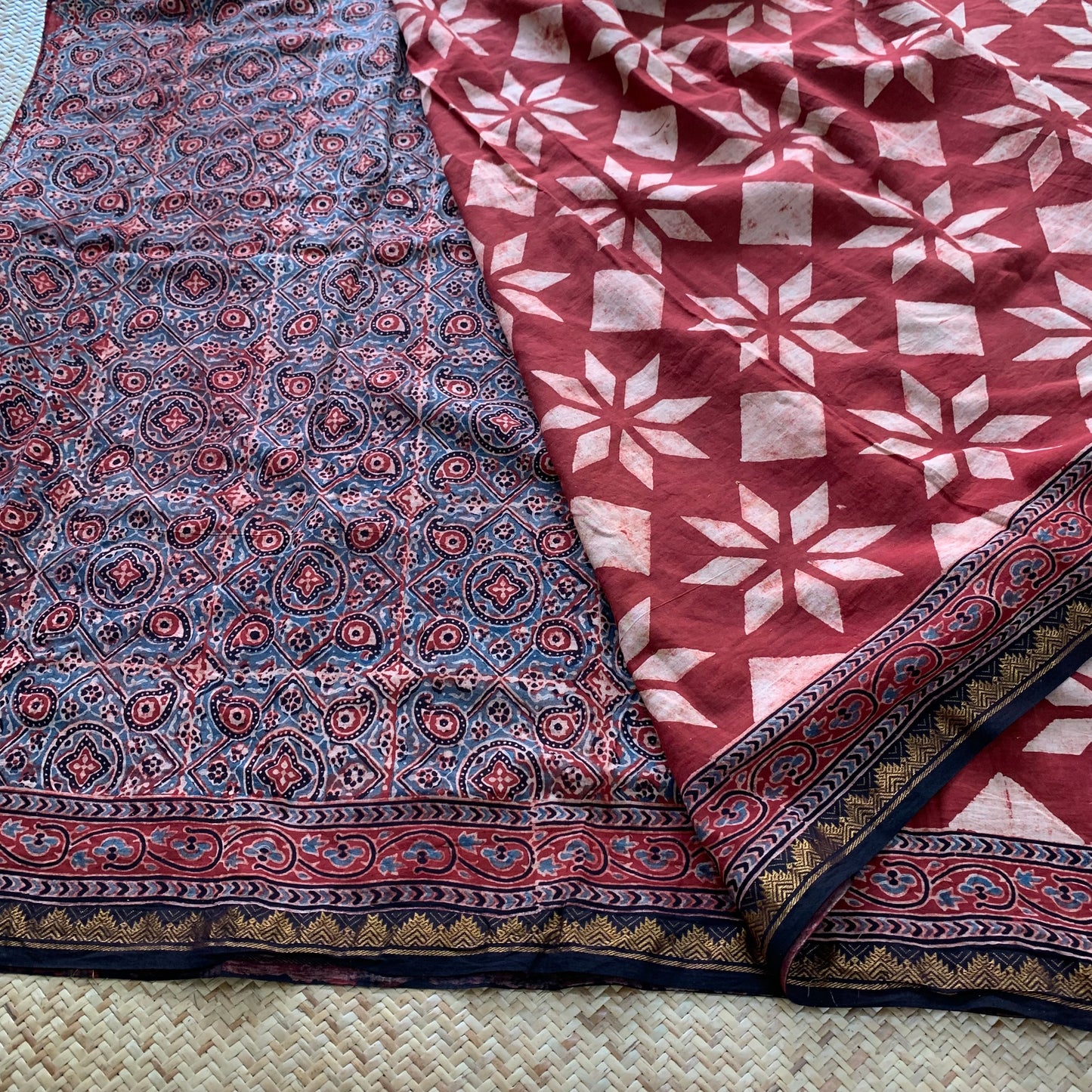 Athangudi Tiles- Madder , Ajrak Hand Block Printed On Madurai Cotton Saree With Zari