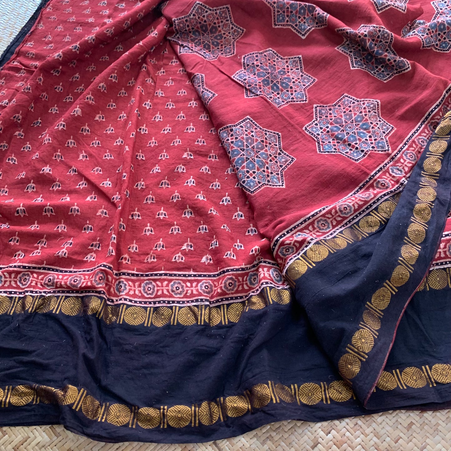 Star-Manjistha, Ajrak Hand Block Printed On Madurai Cotton Saree With Zari