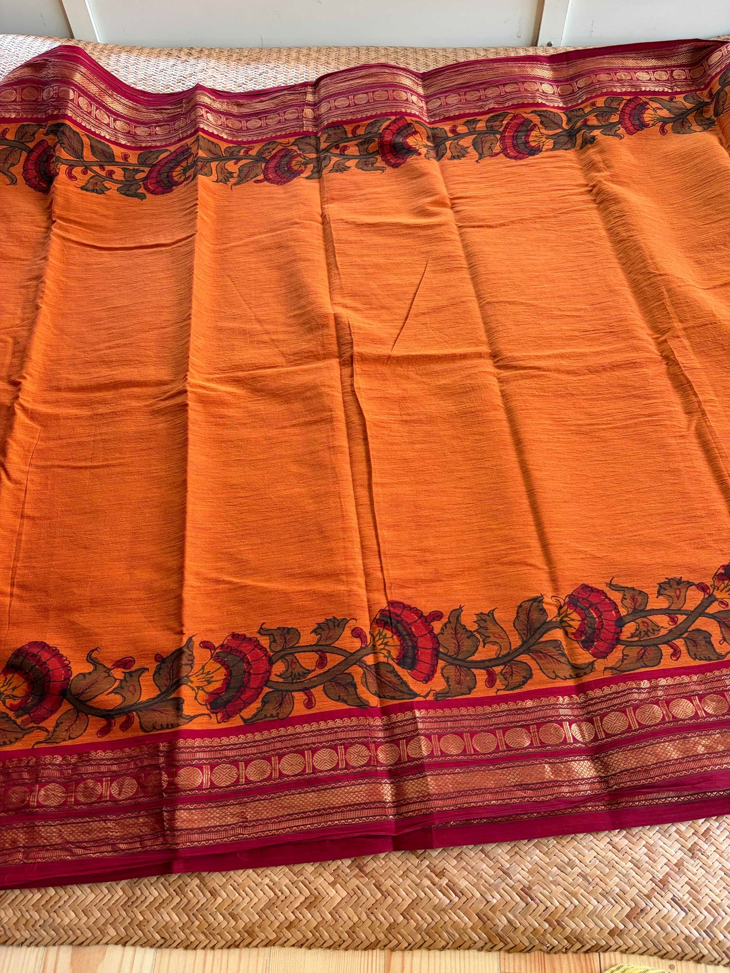 Orange, Kalamkari Hand Painted on Chettinad Cotton saree