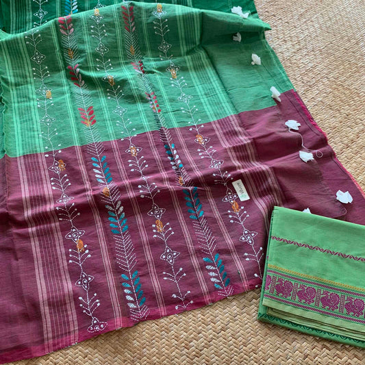 Arupukottai Hand woven Saree with multi colour thread Kantha Hand Embroidery