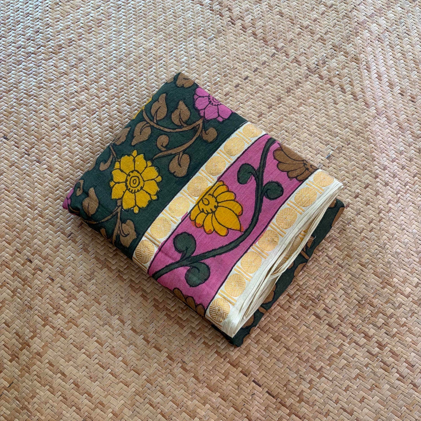 Green Kalamkari Hand Painted on Cotton Sungudi Saree With Blouse