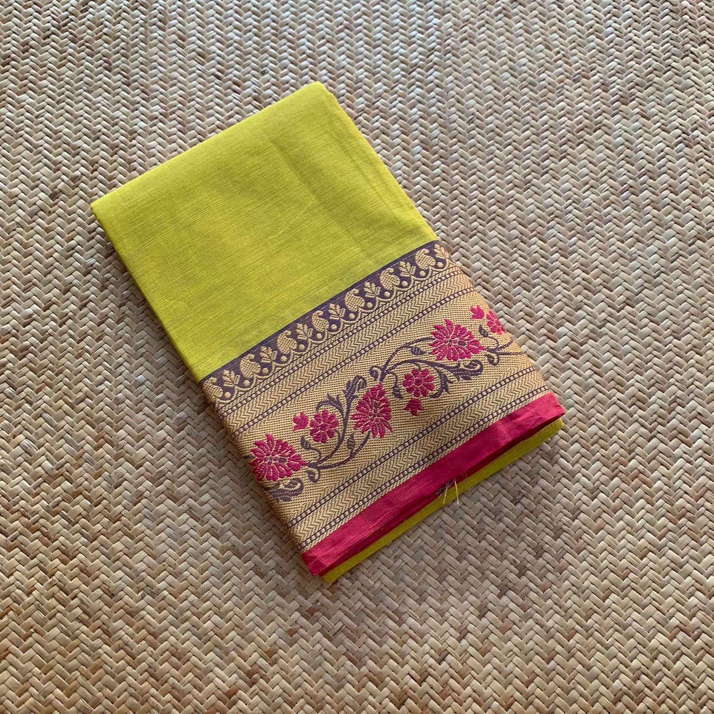 Lime Green Saree With Thread Border, Chettinadu Cotton Saree