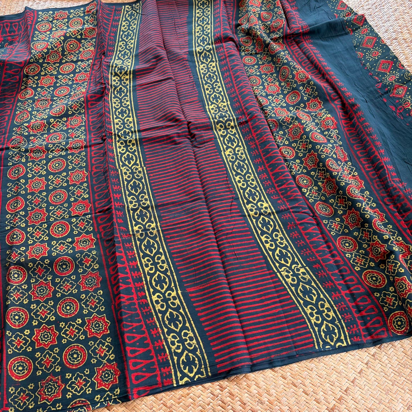 Mul Mul Cotton saree, Hand Block Printed, Green