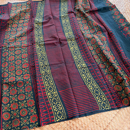 Mul Mul Cotton saree, Hand Block Printed, Green