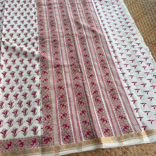 White, Jaipur Hand Block Printed On Madurai Cotton Saree With Zari