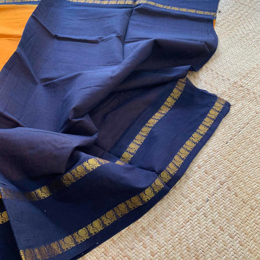 Yellow Saree With Navy Border, Zari Annam Rettai Pettu Border , Clamp dyed (Kattu sayam).