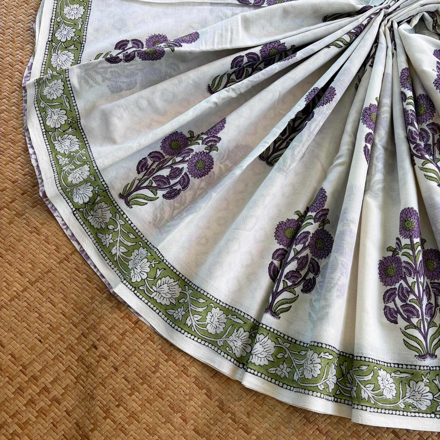 Mul Mul Cotton saree, Hand Block Printed, White