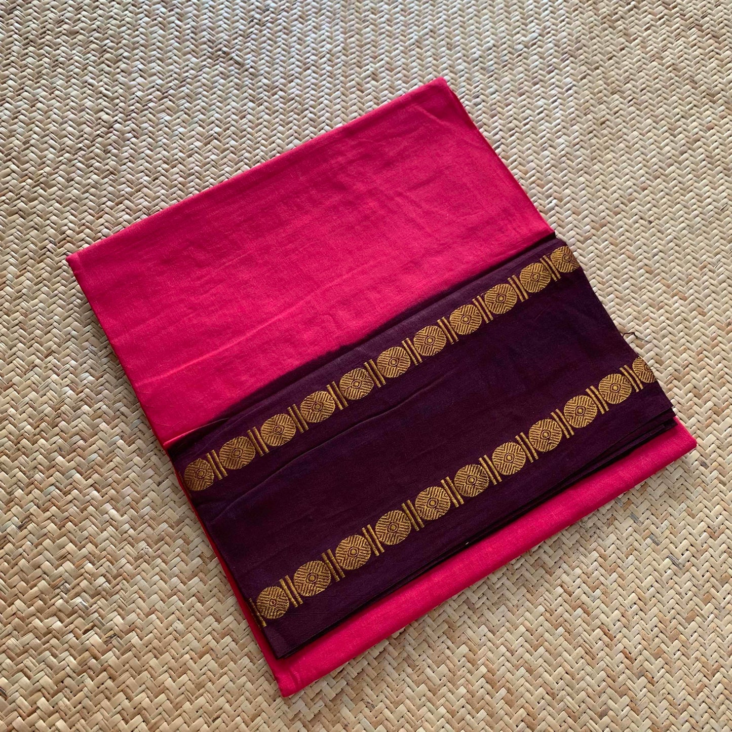 Pink Saree Brown Border, Zari Rudraksham Rettai Pettu Border , Clamp dyed (Kattu sayam).