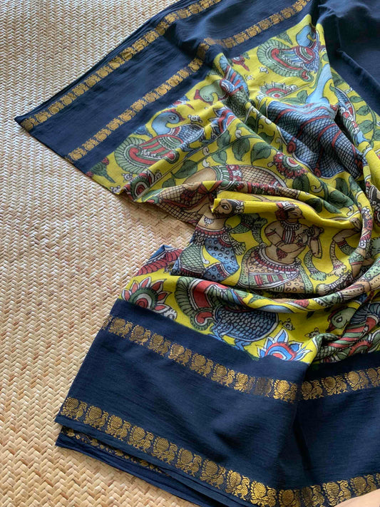 Drama , Kalamkari Hand Painted on a Madurai Sungudi Cotton saree.