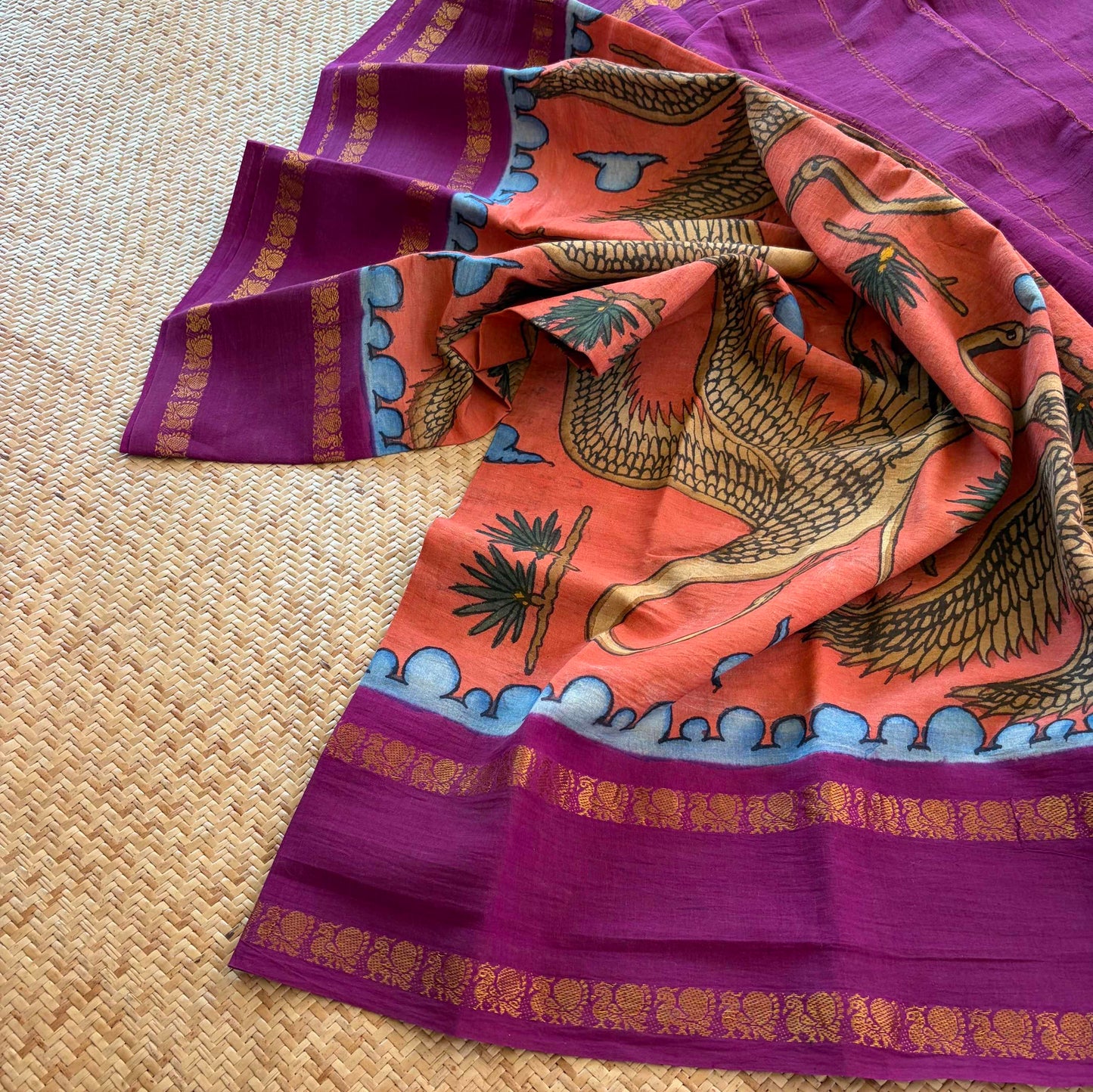 Crane Kalamkari Hand Painted on a Madurai Sungudi Cotton saree.