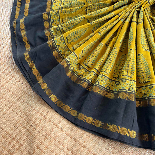 Mustard, Ajrak Hand Block Printed On Madurai Cotton Saree With Zari