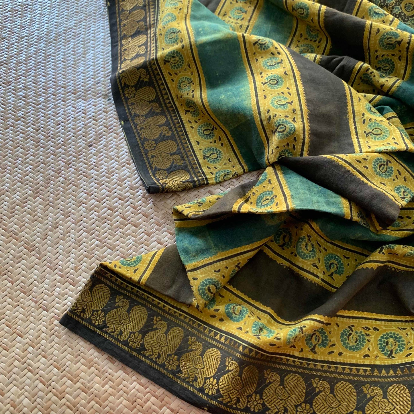 Trailing Plants-Mustard, Ajrak Hand Block Printed On Madurai Cotton Saree With Zari