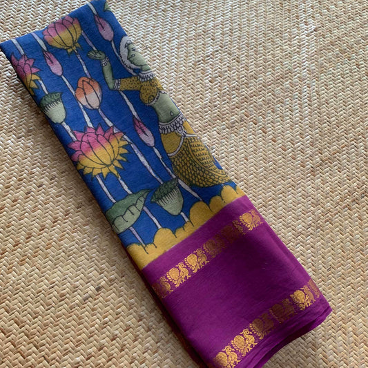 Indian Mermaid Kalamkari Hand Painted on a Madurai Sungudi Cotton saree.