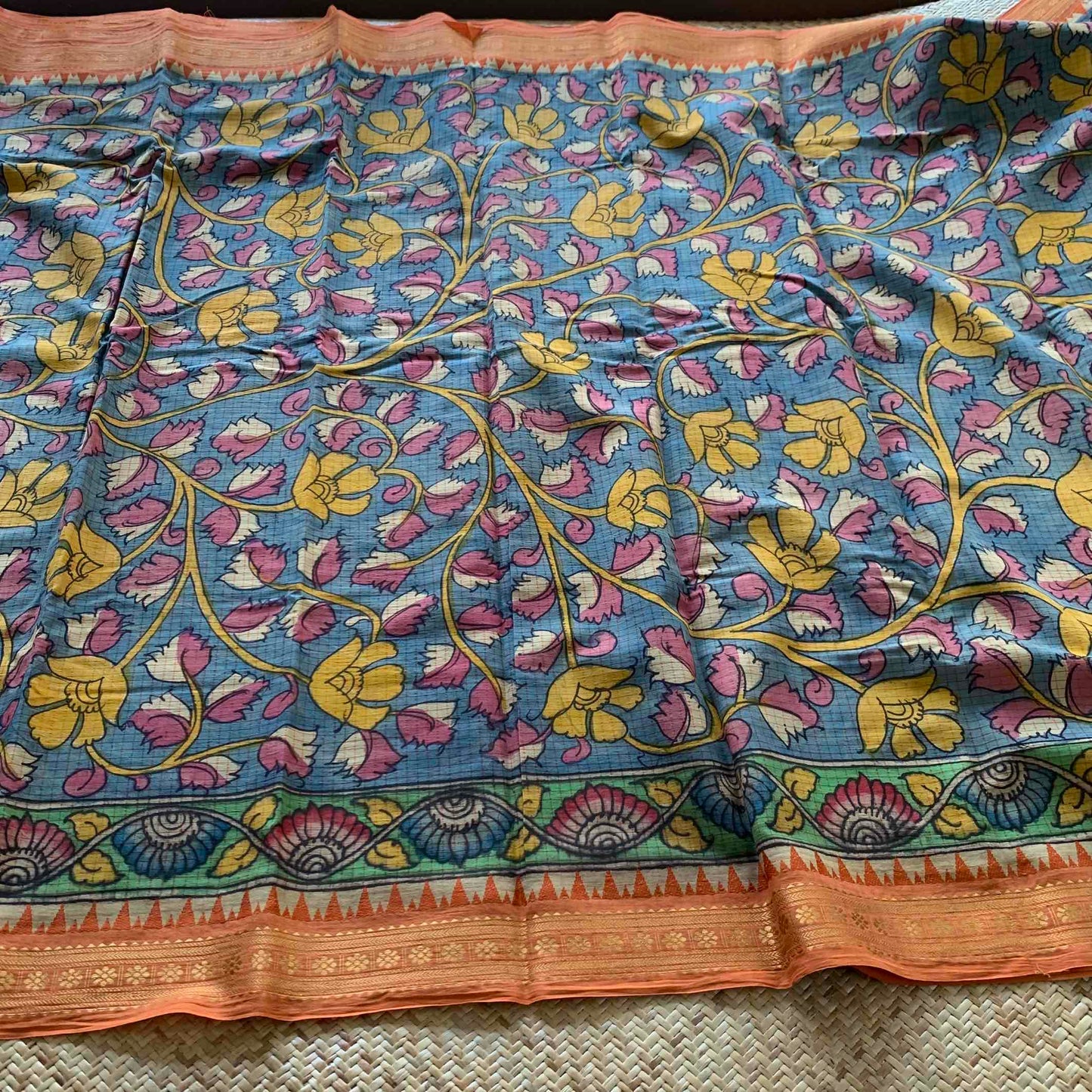 Blue-ish Grey Kalamkari Hand Painted on Chettinad Cotton saree