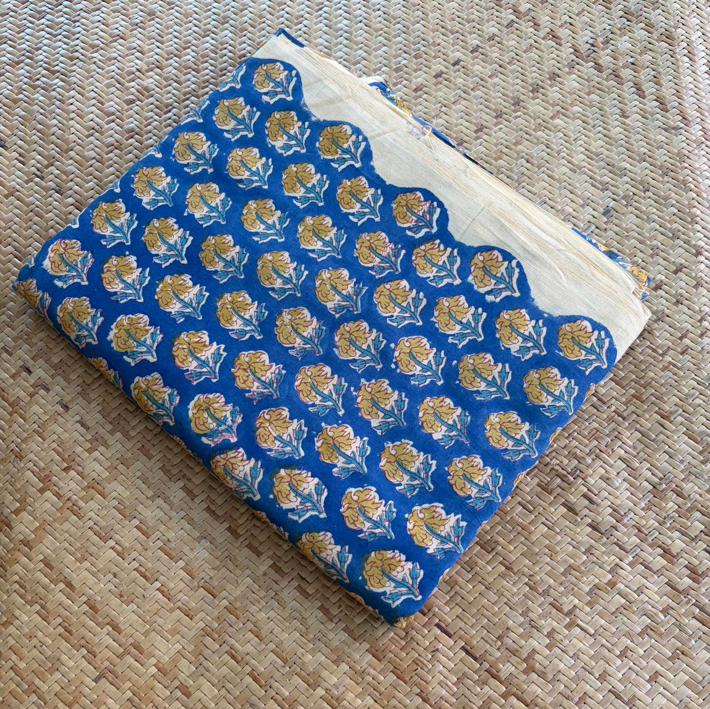 Hand Block Printed Sanganeri Cotton Running Fabric, Blue