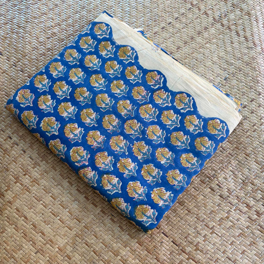 Hand Block Printed Sanganeri Cotton Running Fabric, Blue