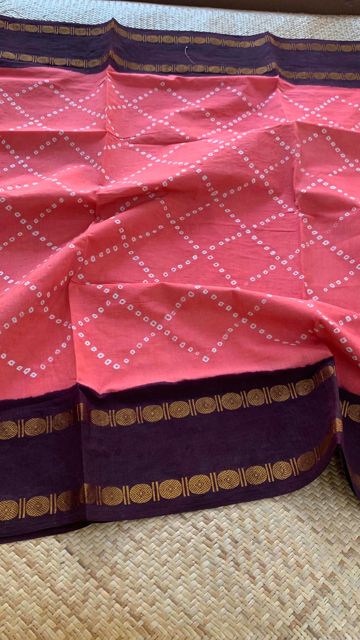 Salmon Pink Saree With Coffee Brown Border, Hand knotted Sungudi On a Rudraksham Border Cotton saree, Kaikattu Sungadi