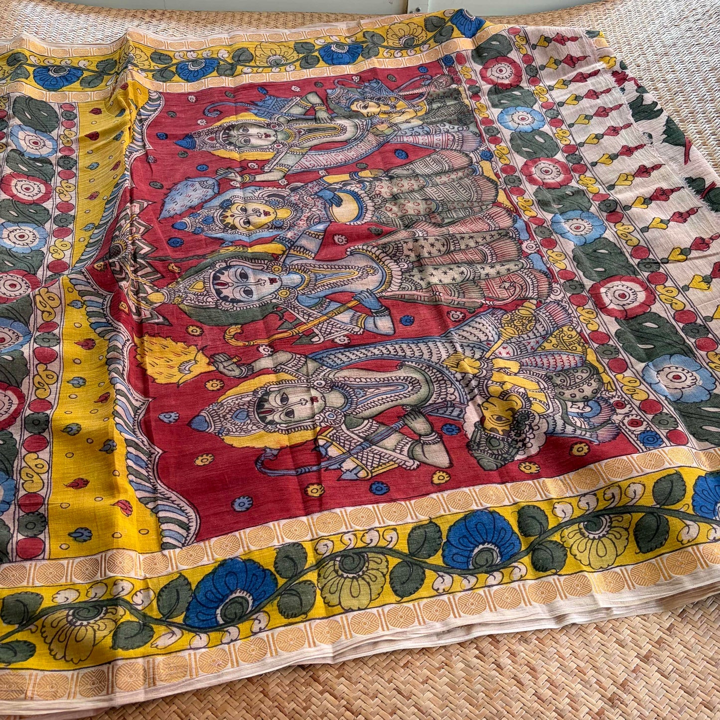 Cream, Kalamkari Hand Painted on Cotton Sungudi Saree With Blouse