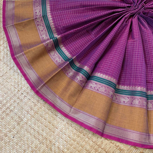 Kanchipuram Cotton Saree, Handwoven Purple Saree with Mustard Border and Grand Pallu