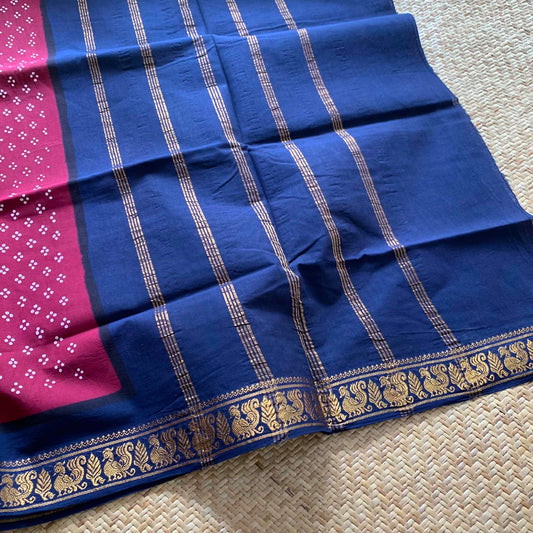 Araku With Blue Wax Print, Half Fine Zari Premium Sungudi Cotton Sarees