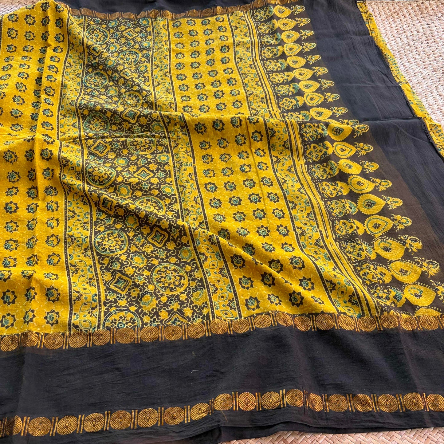 Mustard, Ajrak Hand Block Printed On Madurai Cotton Saree With Zari