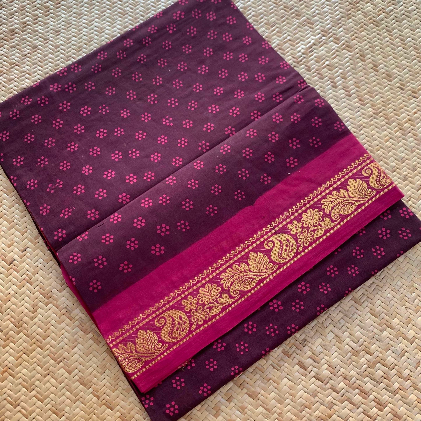 Brown Saree With Pink Wax Print, Half Fine Zari Premium Sungudi Cotton Sarees