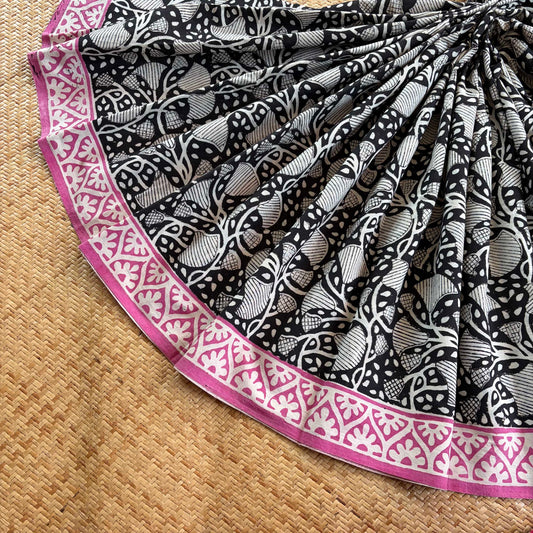 Mul Mul Cotton saree, Hand Block Printed, Black