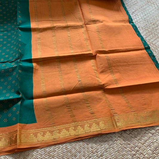 Green With Mustard Wax Print, Half Fine Zari Premium Sungudi Cotton Sarees