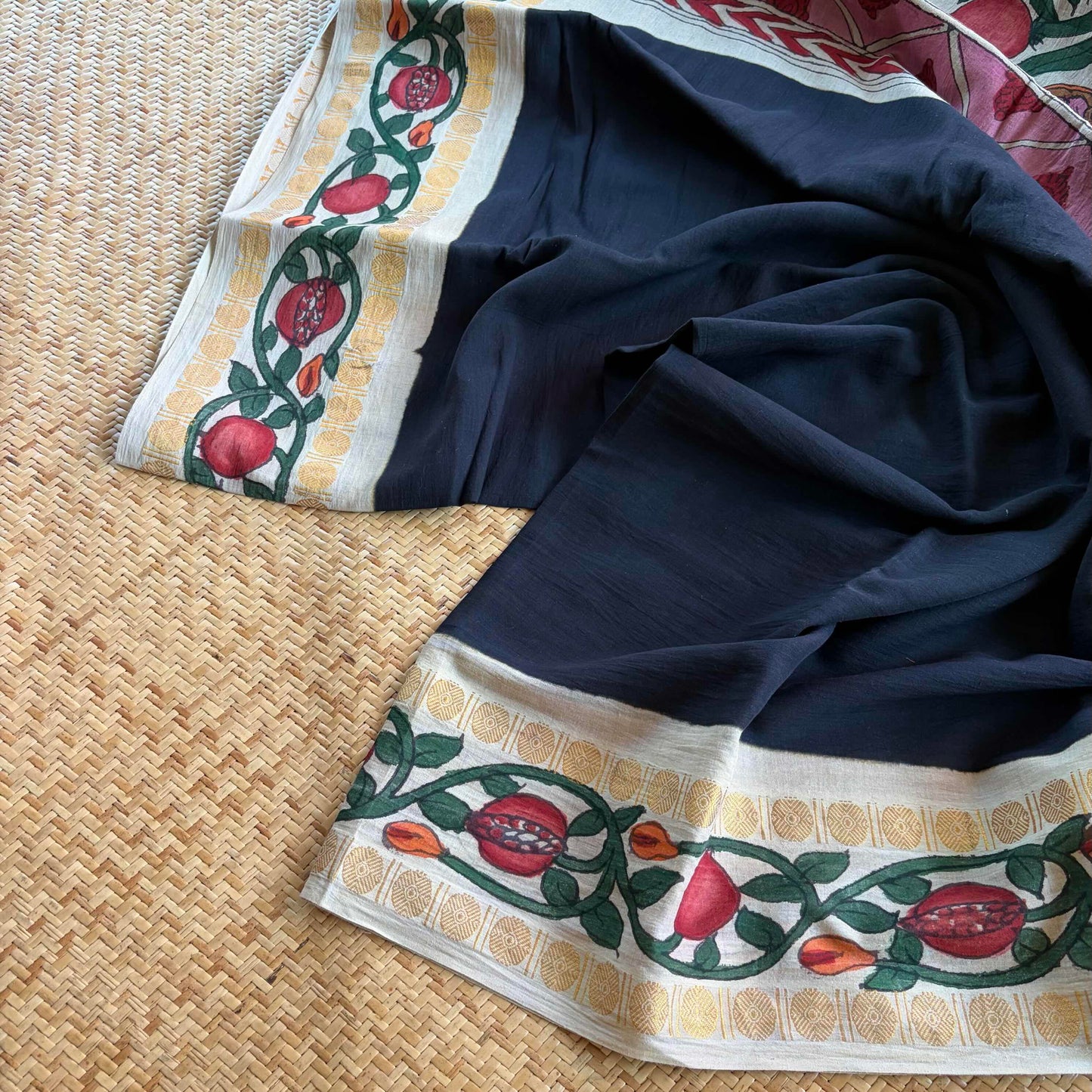 Pomegranate - Kalamkari Hand Painted on a Madurai Sungudi Cotton saree. With Blouse