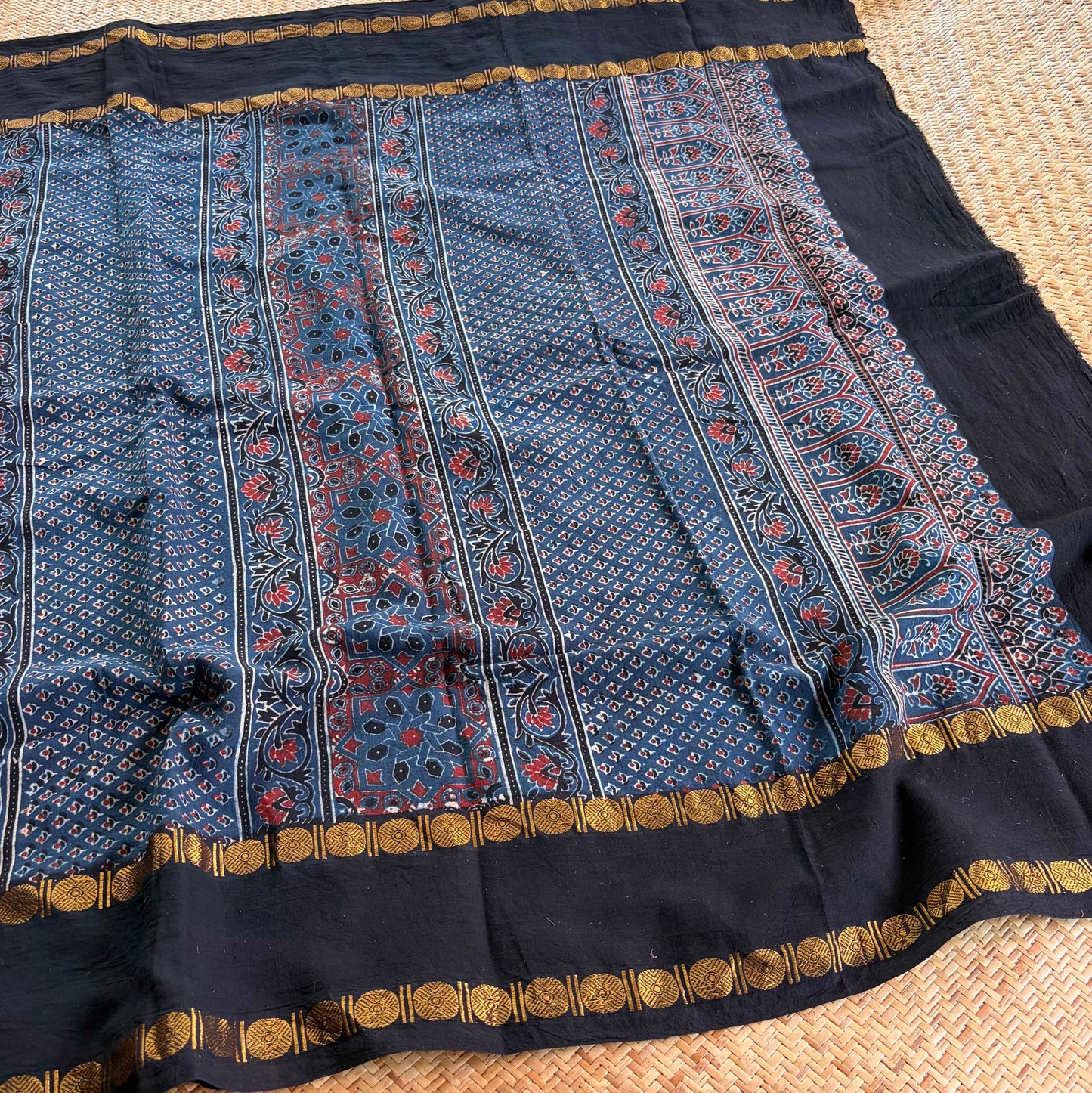 Star Indigo, Ajrak Hand Block Printed On Madurai Cotton Saree With Zari