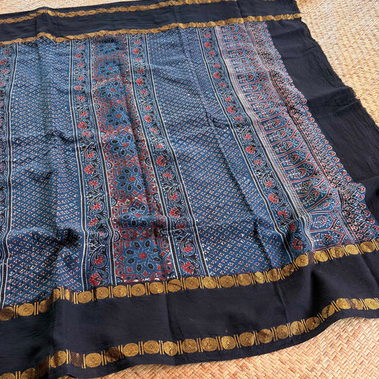 Star Indigo, Ajrak Hand Block Printed On Madurai Cotton Saree With Zari