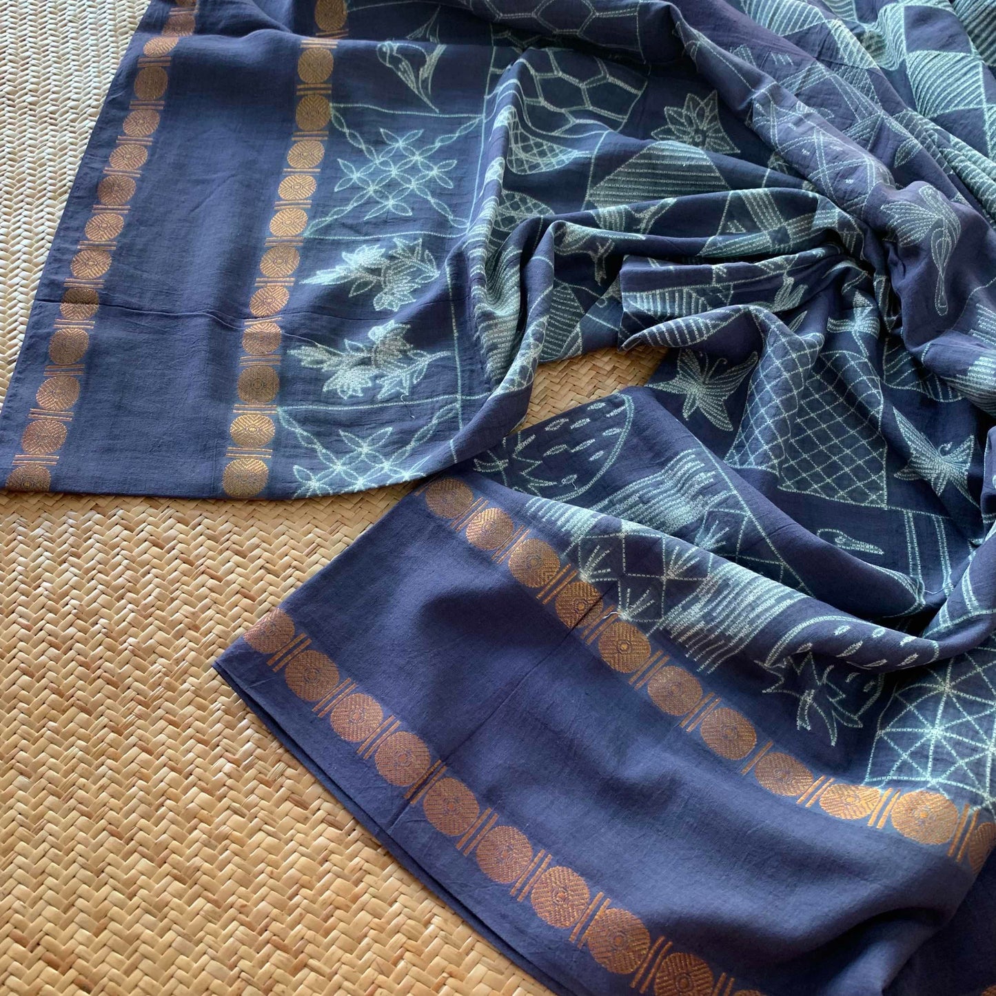 Frames.2- Denim Blue, Hand Crafted Shibori Sungudi Cotton Saree