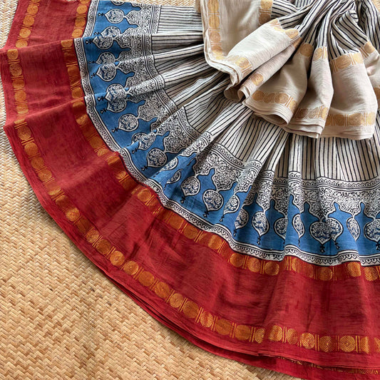 Off White Stripes, Ajrak Hand Block Printed On Madurai Cotton Saree With Zari