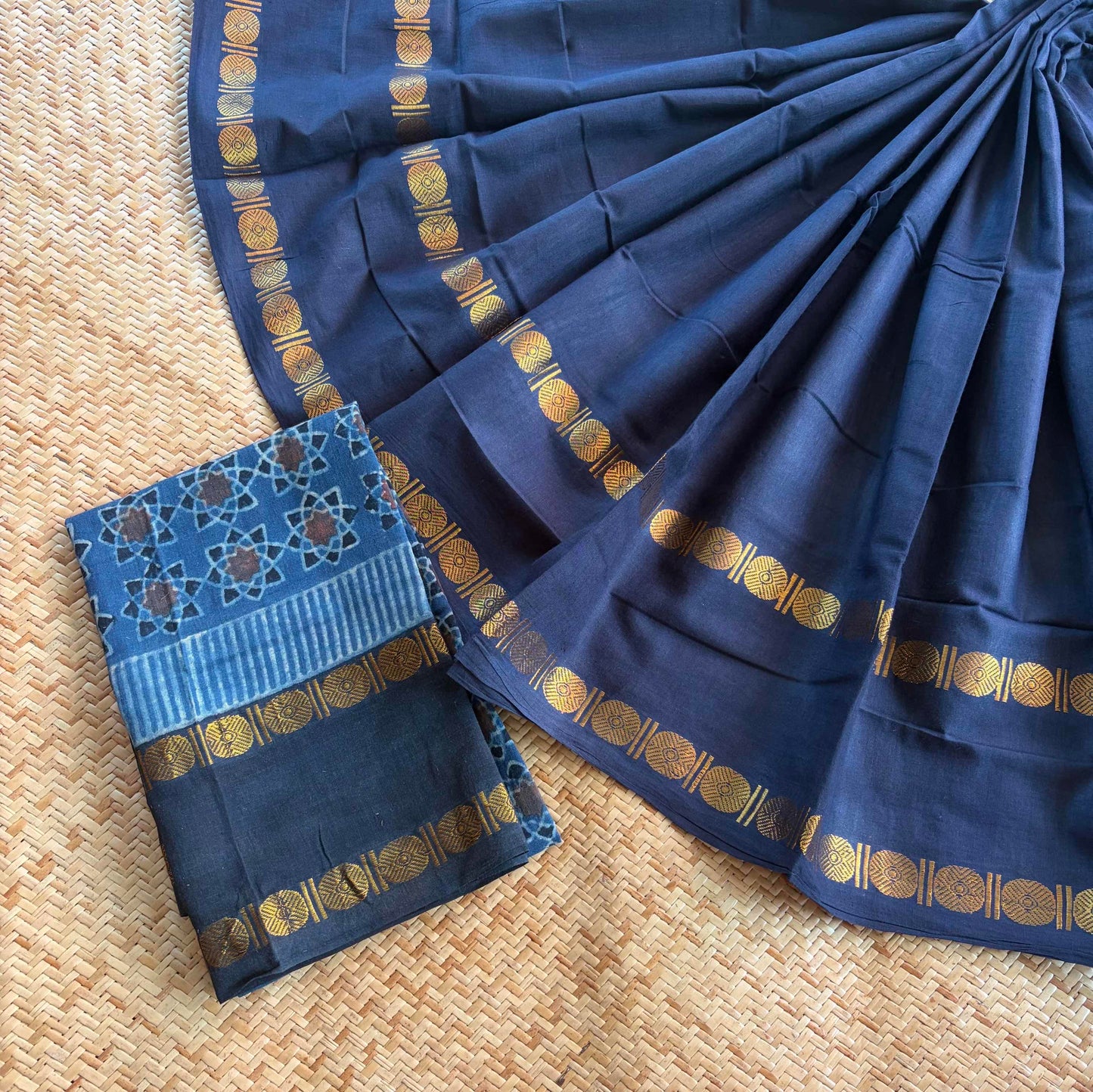 Navy Saree With Ajrak Blouse , Zari Rudraksham Rettai Pettu Border , Clamp dyed (Kattu sayam).