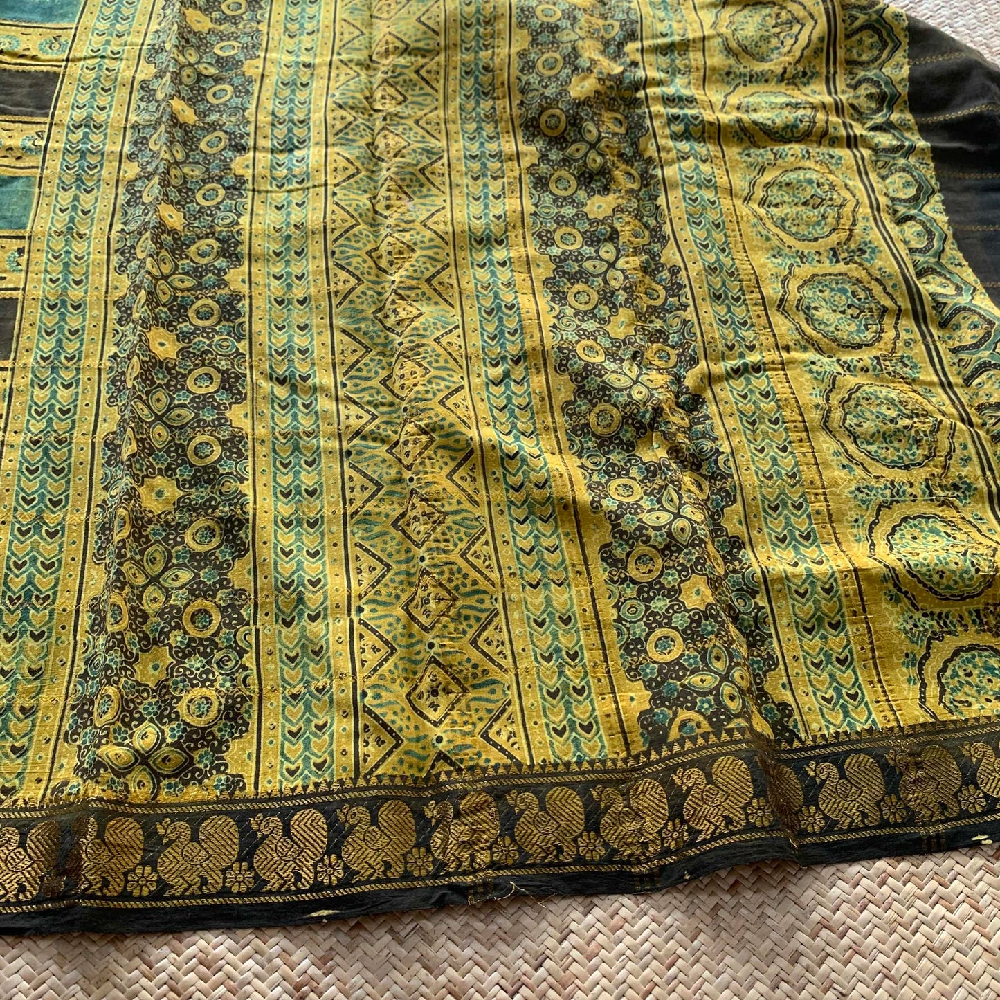 Trailing Plants-Mustard, Ajrak Hand Block Printed On Madurai Cotton Saree With Zari