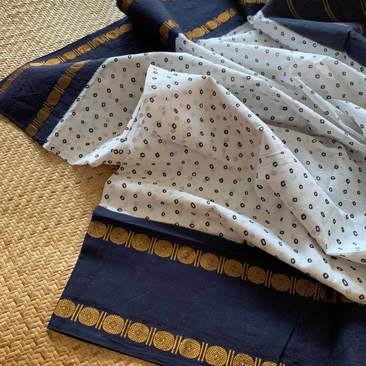 Navy Blue Rudraksham Border With Block Print, Sungudi Saree