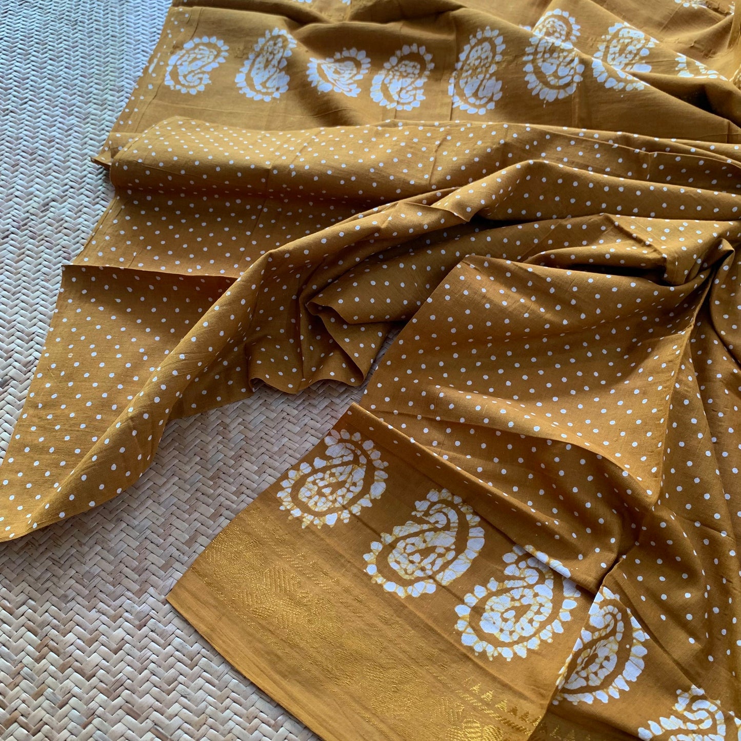 Mustard Hand Crafted wax print Sungudi Mul Mul Cotton Saree