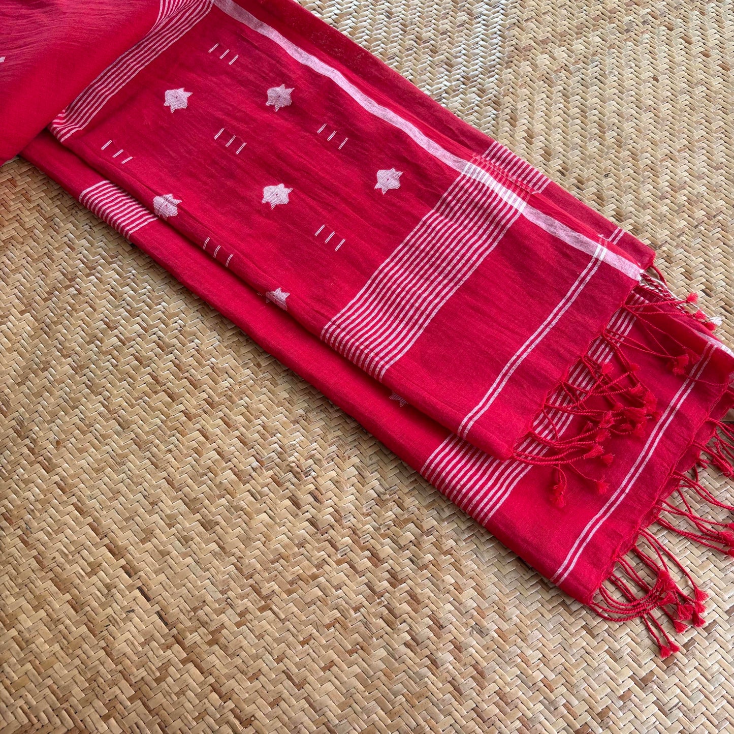 Red, Jamdani Cotton Handloom Dupatta