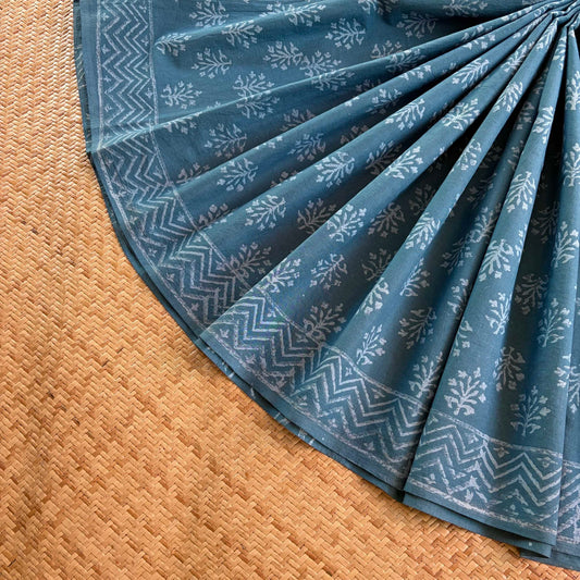 Mul Mul Cotton saree, Hand Block Printed, Blue