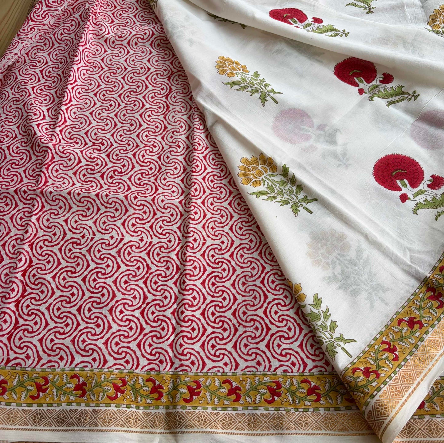 White, Jaipur Hand Block Printed On Madurai Cotton Saree With Zari