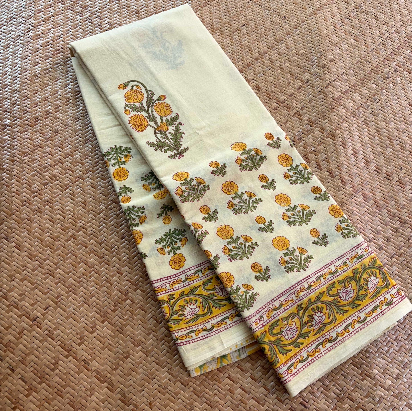 Mul Mul Cotton saree, Hand Block Printed, Pastel Yellow