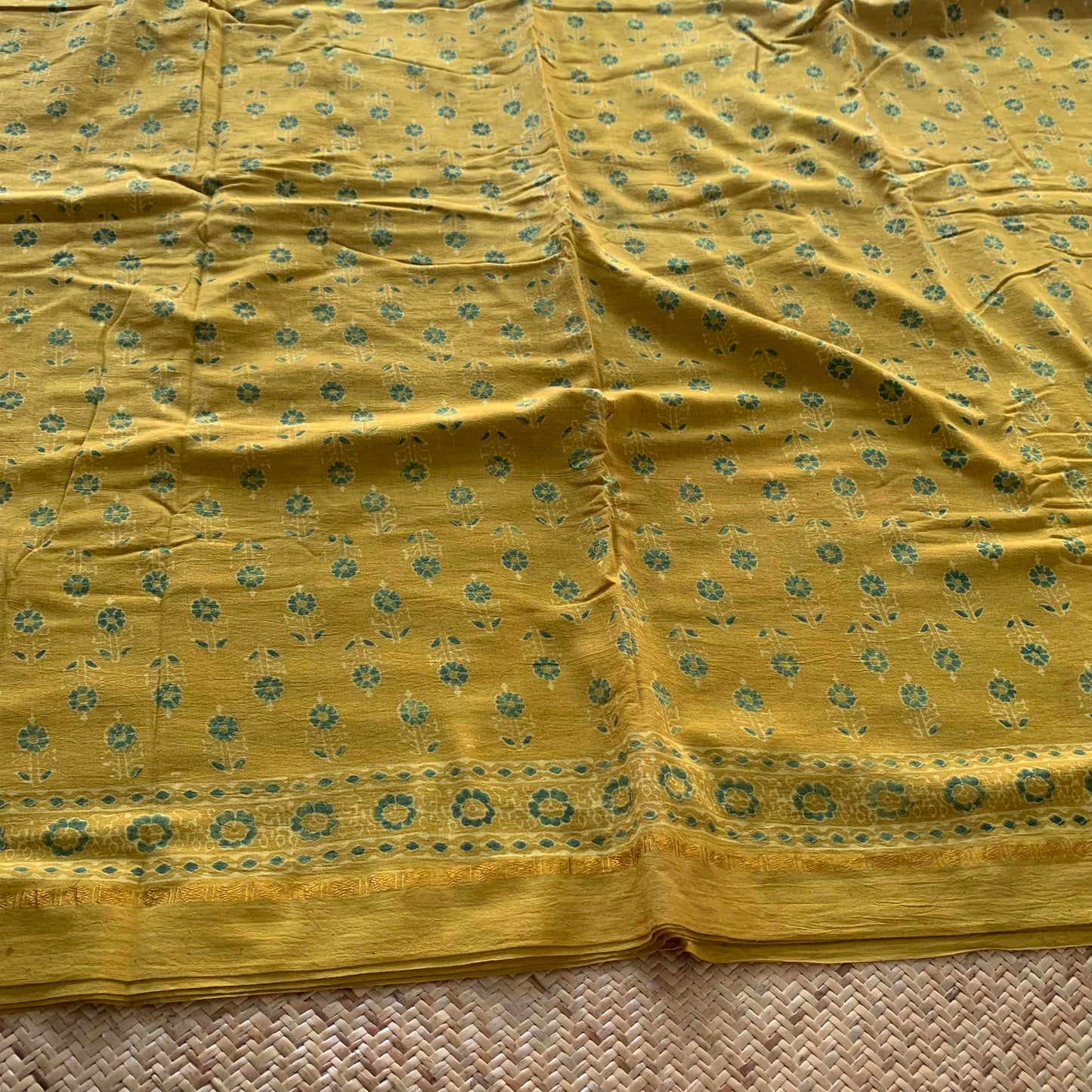 Madisar 10 Yards, Without Black, Ajrak Hand Block Printed On Madurai Cotton Saree With Zari