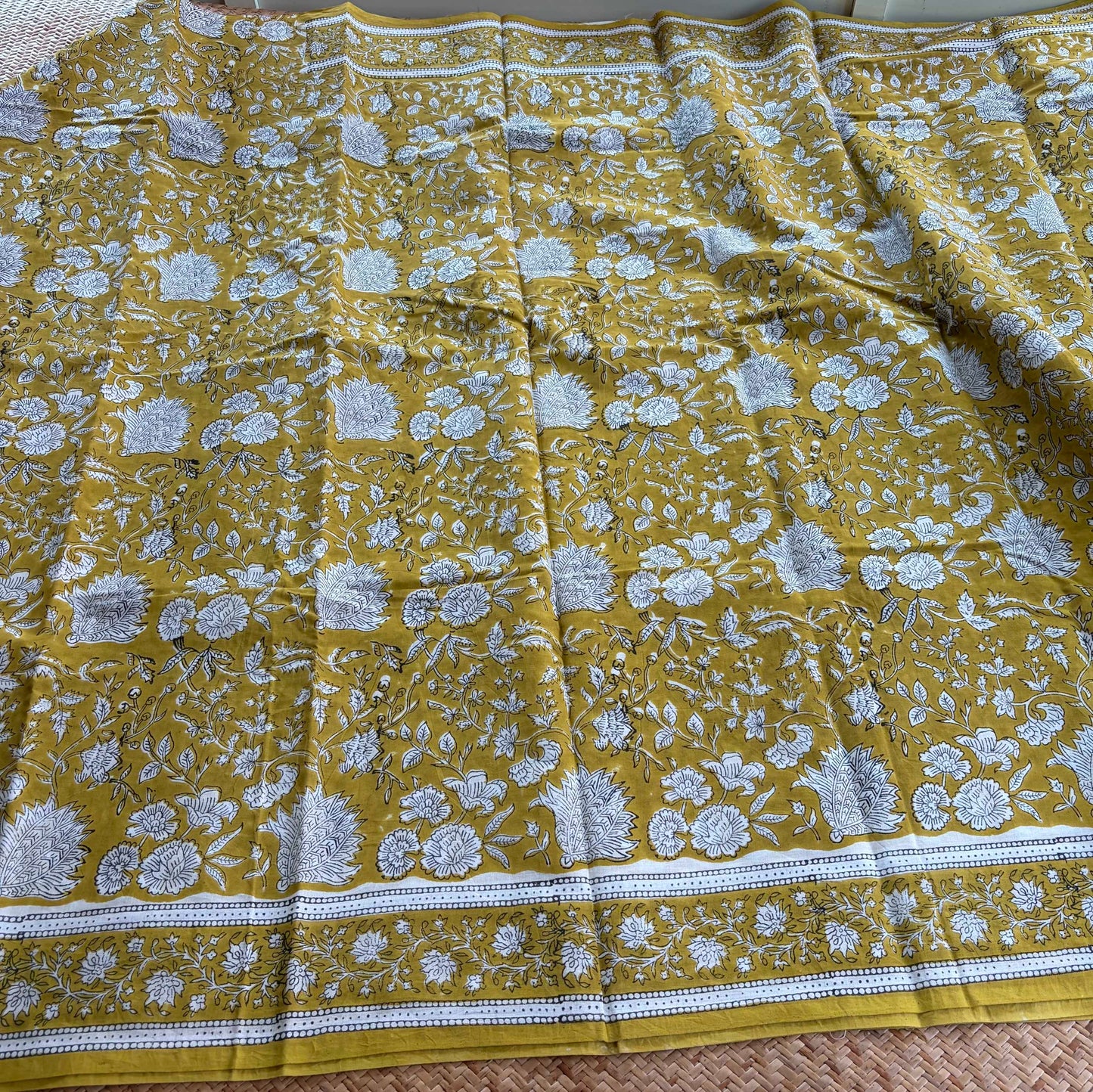 Mul Mul Cotton saree, Hand Block Printed, Mustard