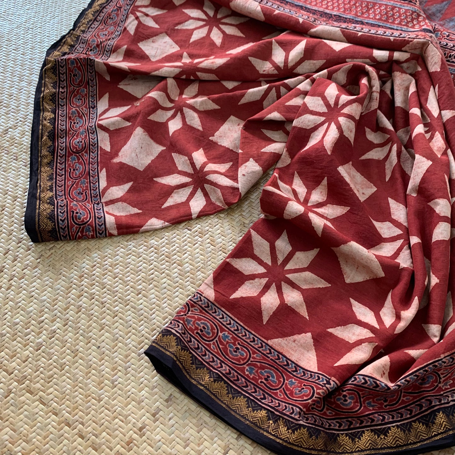 Athangudi Tiles- Madder , Ajrak Hand Block Printed On Madurai Cotton Saree With Zari