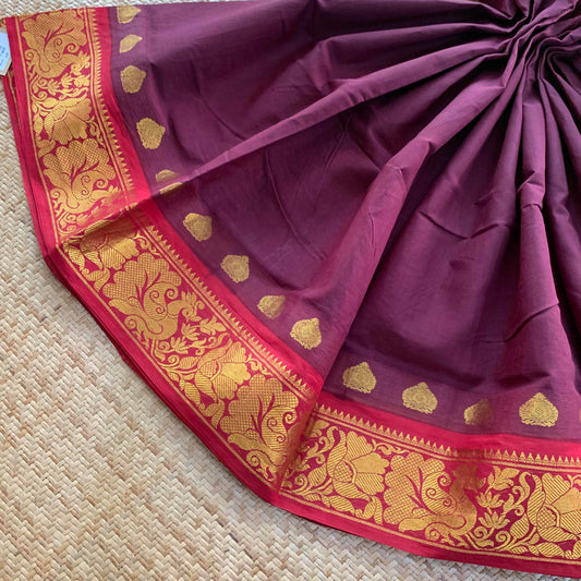 Brown Saree With Red Half Fine Zari Border, Clamp dyed (Kattu sayam).