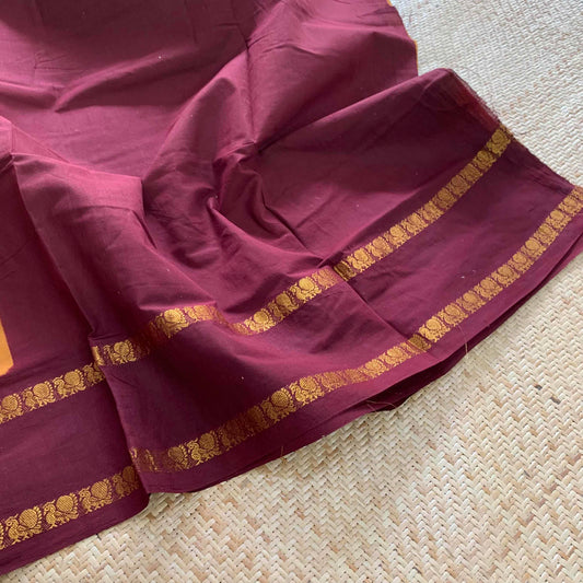 Mustard Saree With Beetle Nut Brown Border, Zari Annam Rettai Pettu Border , Clamp dyed (Kattu sayam).