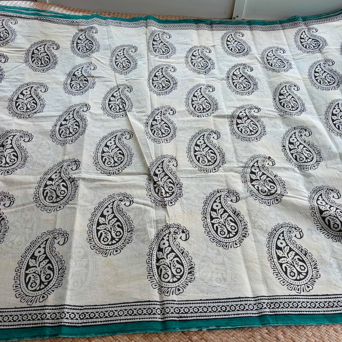 Mul Mul Cotton saree, Hand Block Printed, Beige