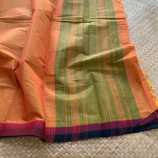 Chettinad Cotton Saree, Orange Saree with Red Border