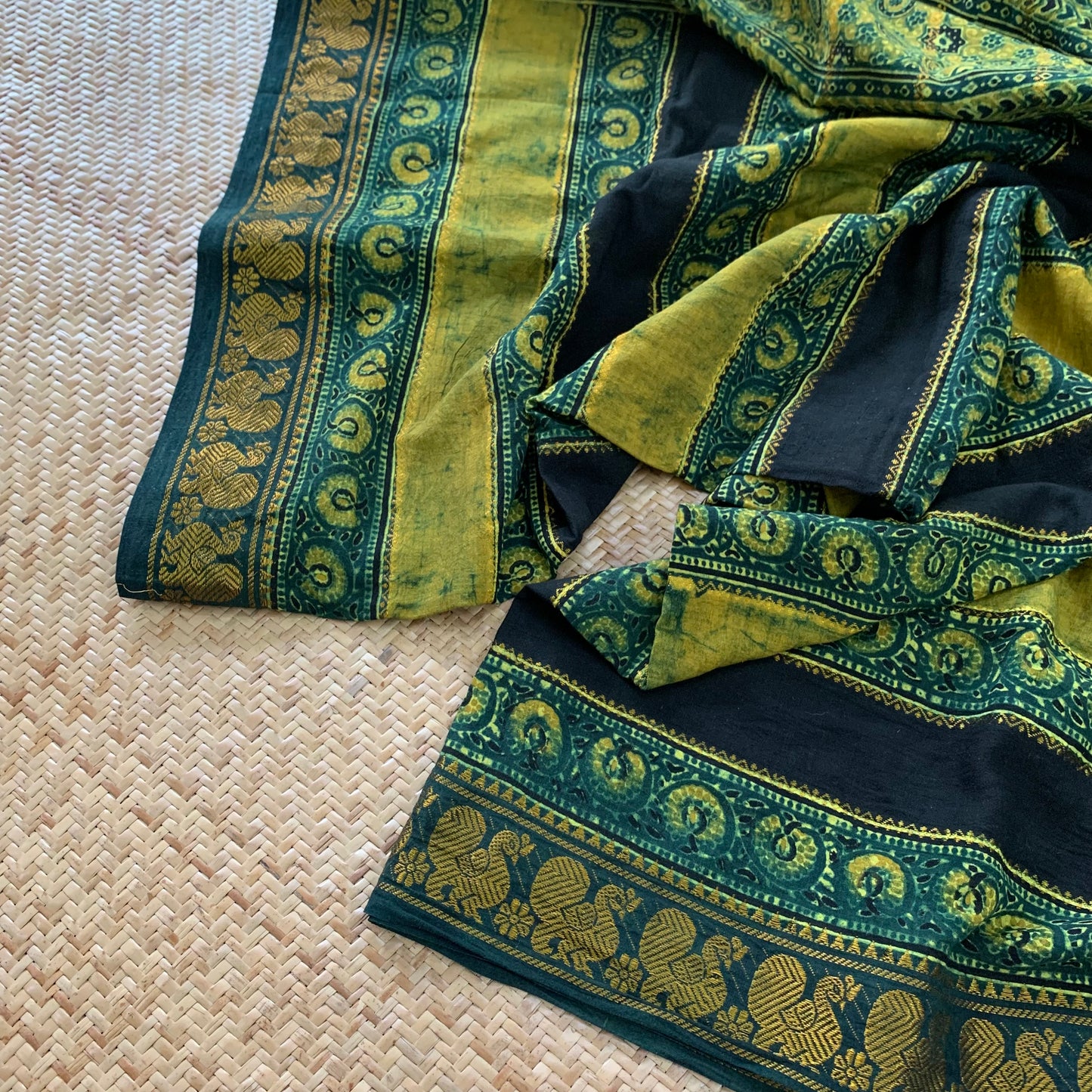 Trailing Plants-Green, Ajrak Hand Block Printed On Madurai Cotton Saree With Zari