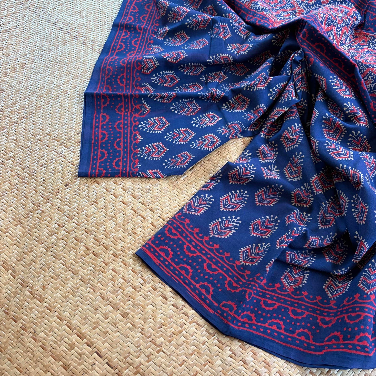 Mul Mul Cotton saree, Hand Block Printed, Blue